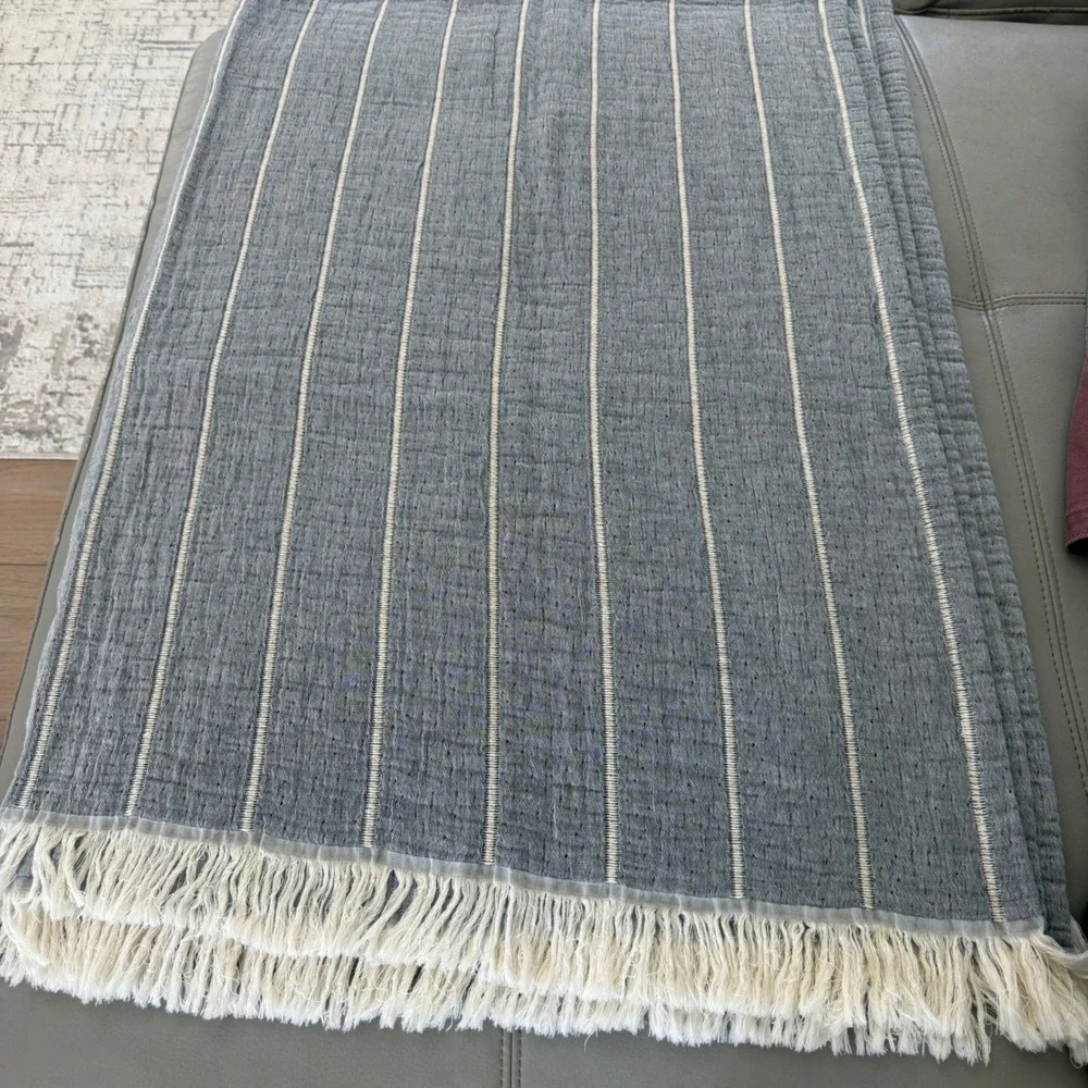 MM Piscatextil Grey Striped Cotton Throw Blanket with Fringe 92-55 Made Portugal